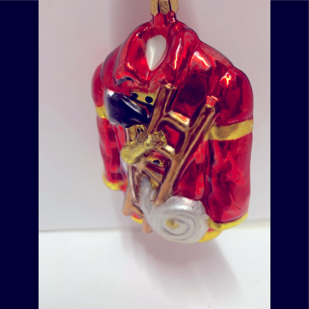 Glass fireman jacket and hat red Christmas ornament